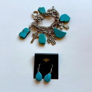 Vintage Y2K Faux Turquoise and Silver Cross Charm Bracelet and Earring Set